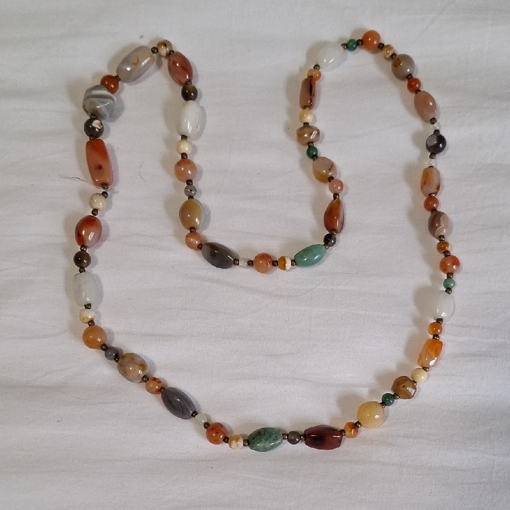 Vintage Beautiful Polished Agate Bead Multi Gemstone Necklace